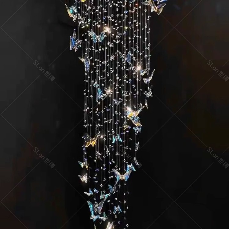 水晶蝴蝶楼梯吊灯2026新款loft公寓挑高装饰灯别墅旋转楼梯长吊灯