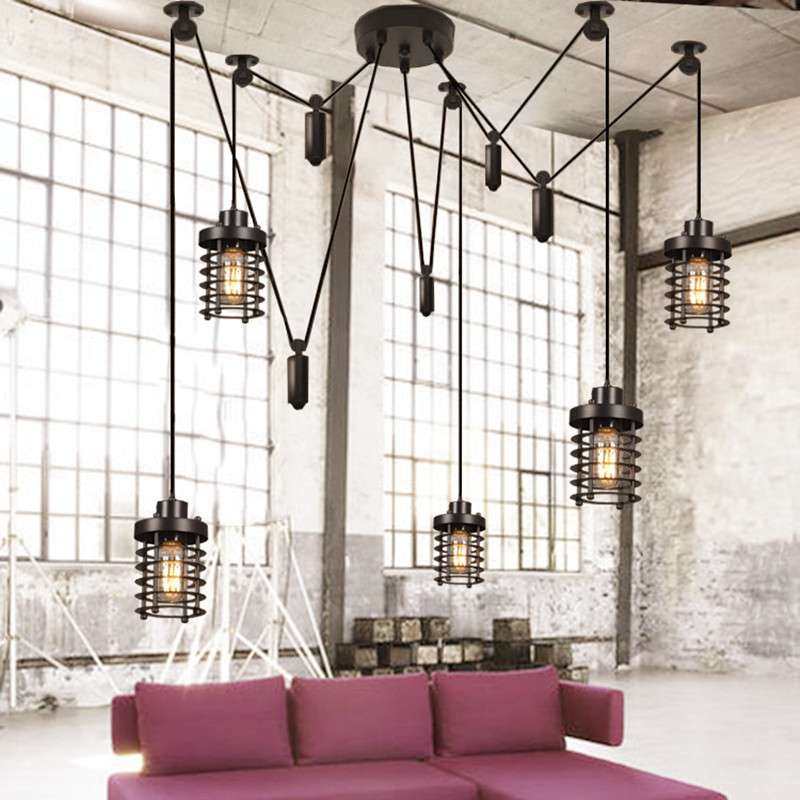 工业风客厅餐厅滑轮吊灯复古铁艺灯罩灯服装店天女散花多头创意灯