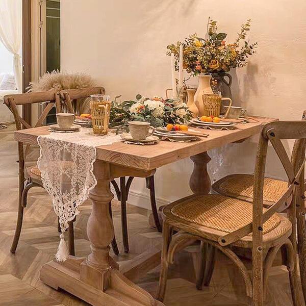 美式乡村实木餐桌椅组合长方形原木复古小户型简约法式怀旧家用J^