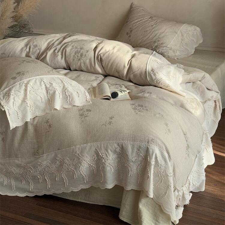 A类母婴级全棉双层皱皱纱四件套法式公主风纯棉被套床单