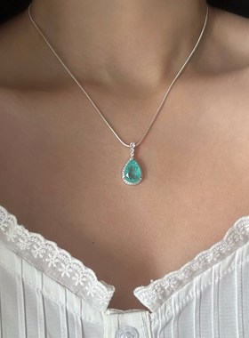 速发「贝加尔湖」ins高级感百搭小众镶钻天然石蓝绿宝石项链/锁骨