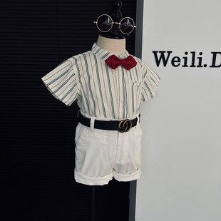 花童立领英伦风表演服走秀帅气 夏季 新款 男童条纹衬衫 礼s服套装