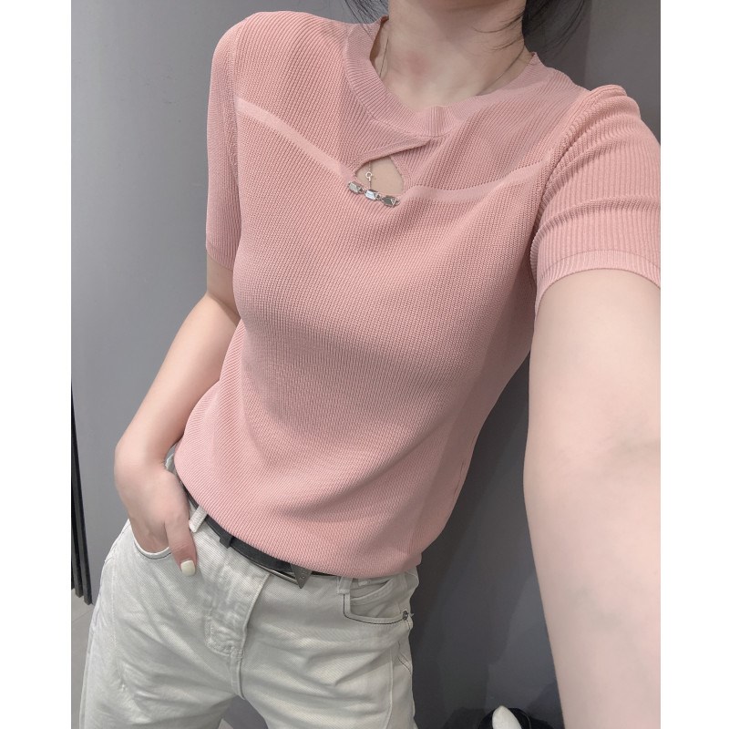 胸前镂空冰丝针织l衫短袖女夏新款欧货修身显瘦百搭设计感小衫上