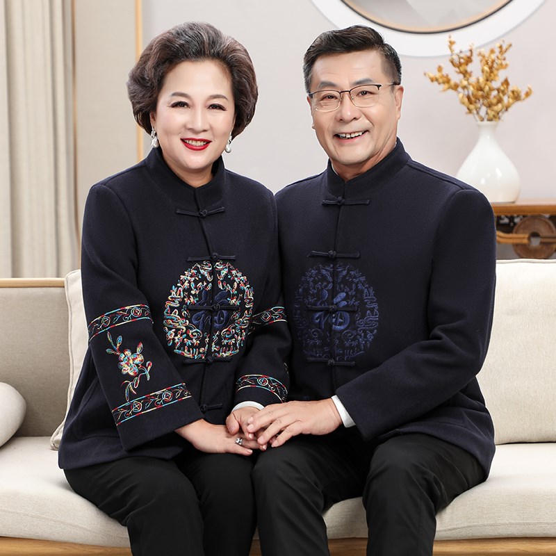 唐装男中老年秋冬装爸爸婚礼服爷爷奶奶情侣套装老人生日过寿外套
