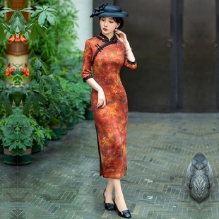 旗袍女春秋复古长款 大码 时尚 连衣裙中袖 裙 妈妈日常改良修身 新中式