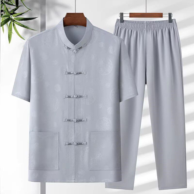 夏季唐装中国风短袖套装爸爸太极爷爷汉服中老年男士晨练服两件套