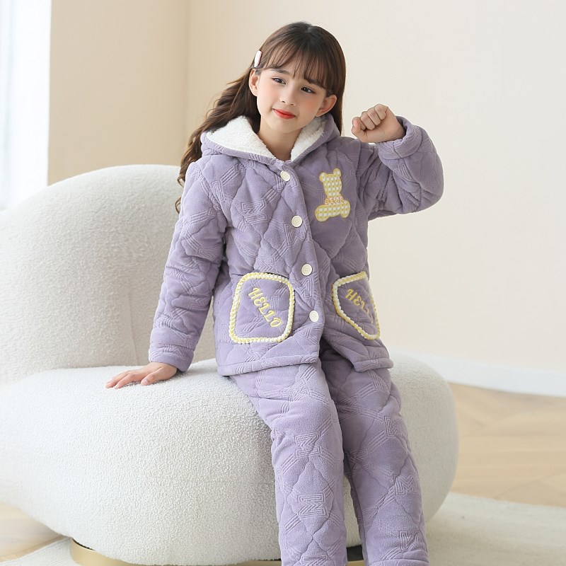 冬季儿童睡衣女童法兰绒三层夹棉中大童秋冬珊瑚绒加厚女孩家居服