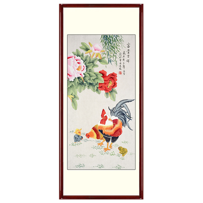 纯手绘牡丹鸡国画楼梯间玄关竖版办公室客厅工笔画芯卷轴挂画字画