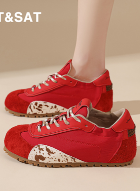 星期六红色本命年软底德训鞋女2026春季新款时尚休闲女鞋运动鞋