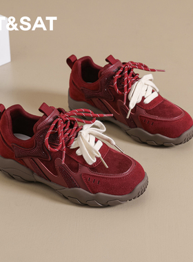 星期六红色本命年德训鞋女2025秋季新款厚底运动鞋百搭时尚休闲鞋