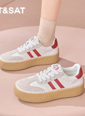 星期六平底小白鞋女2026新款春季红色系带运动鞋复古显脚小德训鞋