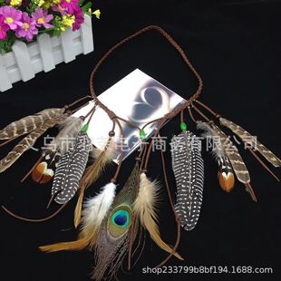 波西米亚民族风印第安嬉皮绿色木珠孔雀羽毛发带头绳头饰直销