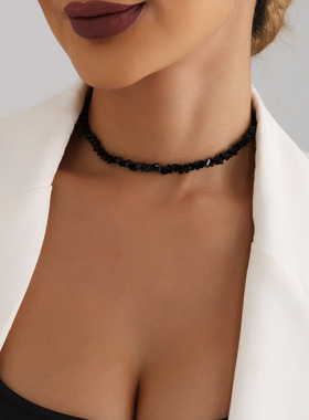 欧美潮流饰品 个性手工编织串珠黑色水晶项链女 ins韩式个性颈链