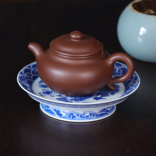 手绘青花海水龙纹高足壶承中式茶盘赏盘干泡台养壶垫盖碗托盘摆件