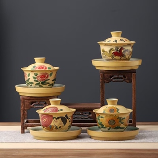 八骏图180ml三才盖碗茶杯复古陶瓷马上有钱泡茶碗功夫茶具不烫手