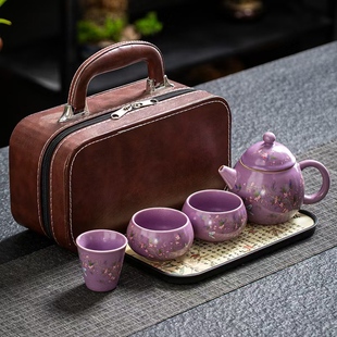 包户外露营喝茶装 车载紫汝旅行功夫茶具家用茶盘一壶三杯便携式 备