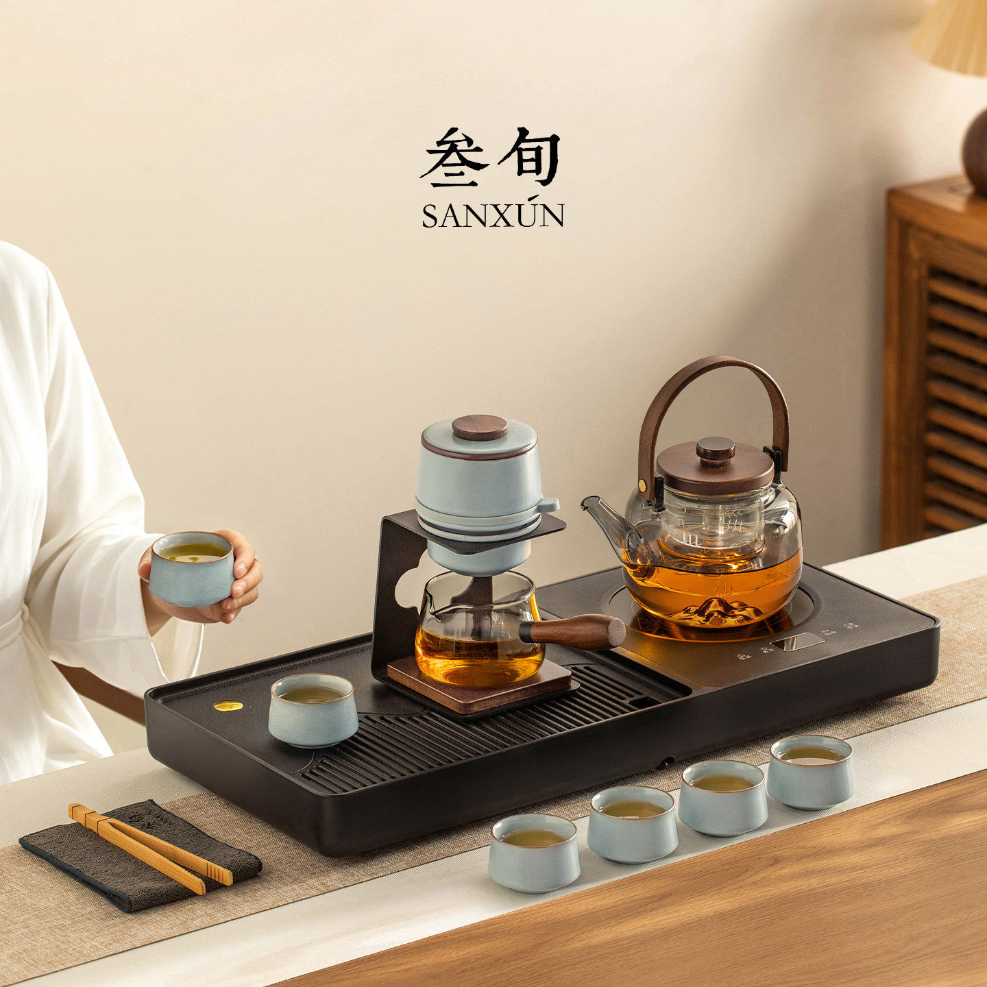 三旬汝窑行云懒人泡茶神器玻璃自动茶具套装高档轻奢泡茶壶办公室
