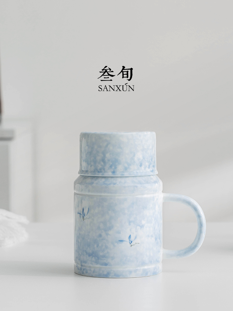 30年手绘兰花茶杯陶瓷大容量办公室过滤杯，有盖茶水分离杯
