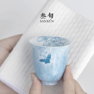 三旬手绘蝶恋花茶杯陶瓷花神杯家用个人专用品茗主人杯喝茶杯单杯
