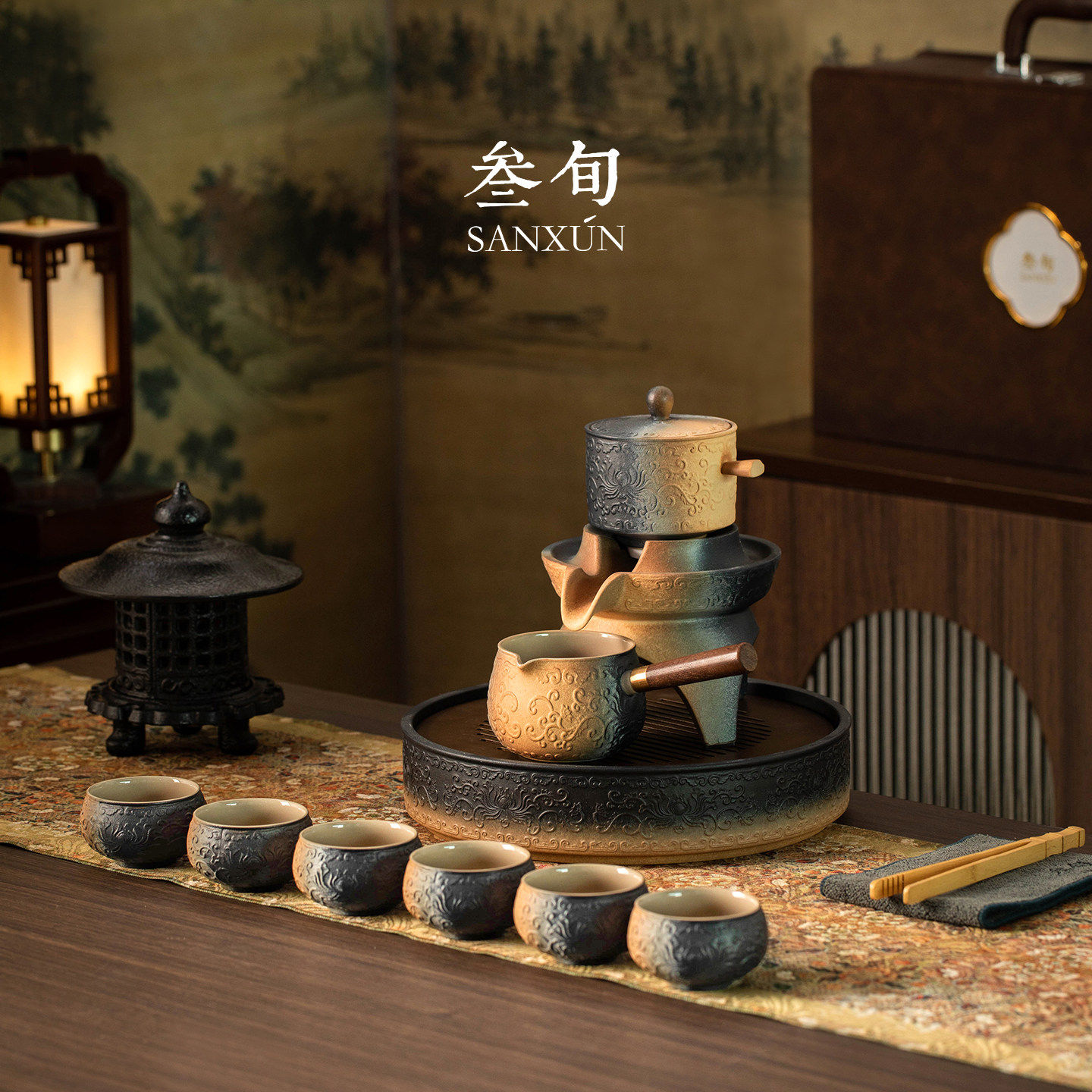 三旬窑变浮雕缠枝莲自动茶具套装高端懒人泡茶神器功夫泡茶壶茶杯