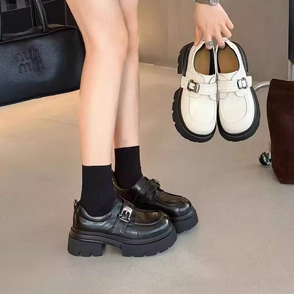 第一佳人女鞋26春季新款英伦风皮带扣厚底真皮粗跟百搭乐福鞋皮面