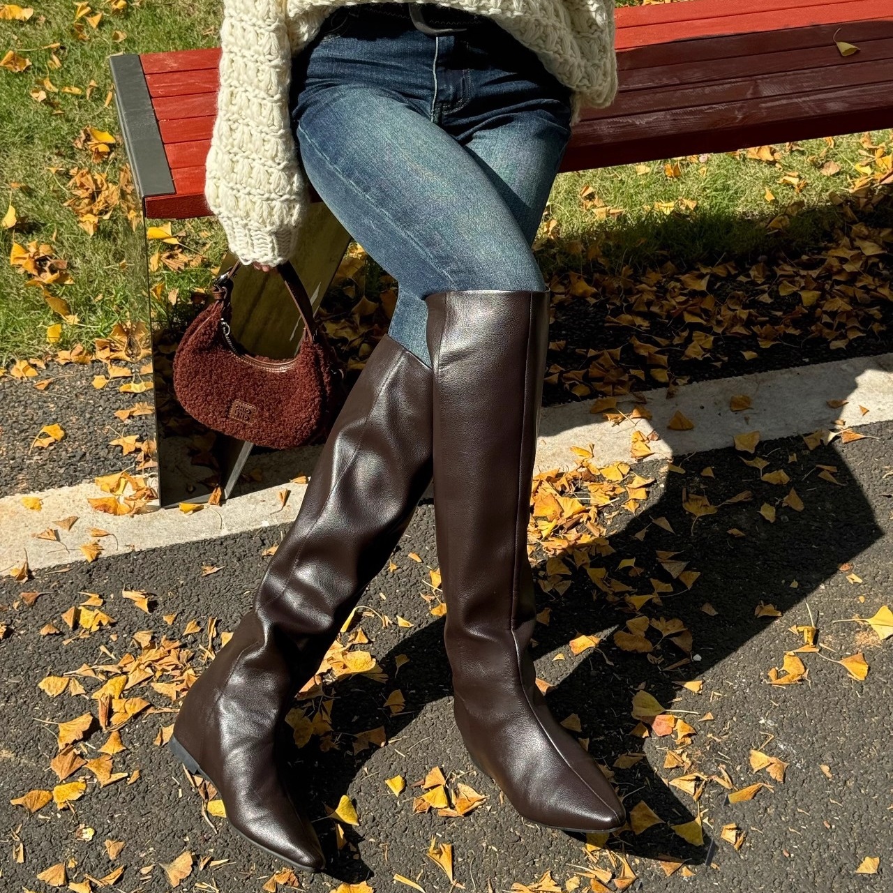 艾模儿内增高皮面加绒过膝靴25冬款女鞋时尚百搭韩版潮鞋舒适保暖