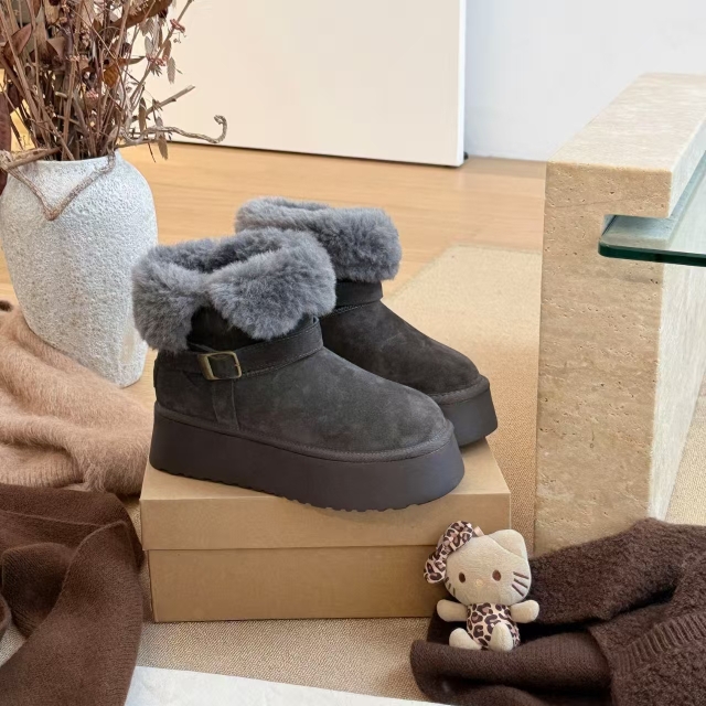 艾模儿25冬可翻边两穿厚底雪地靴毛毛短靴秋冬加绒保暖翻毛皮棉鞋
