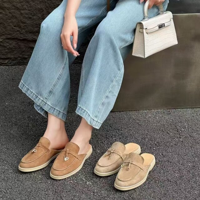 艾模儿26春夏老钱风流苏包头拖女真皮一脚蹬懒人鞋平底穆勒鞋半拖