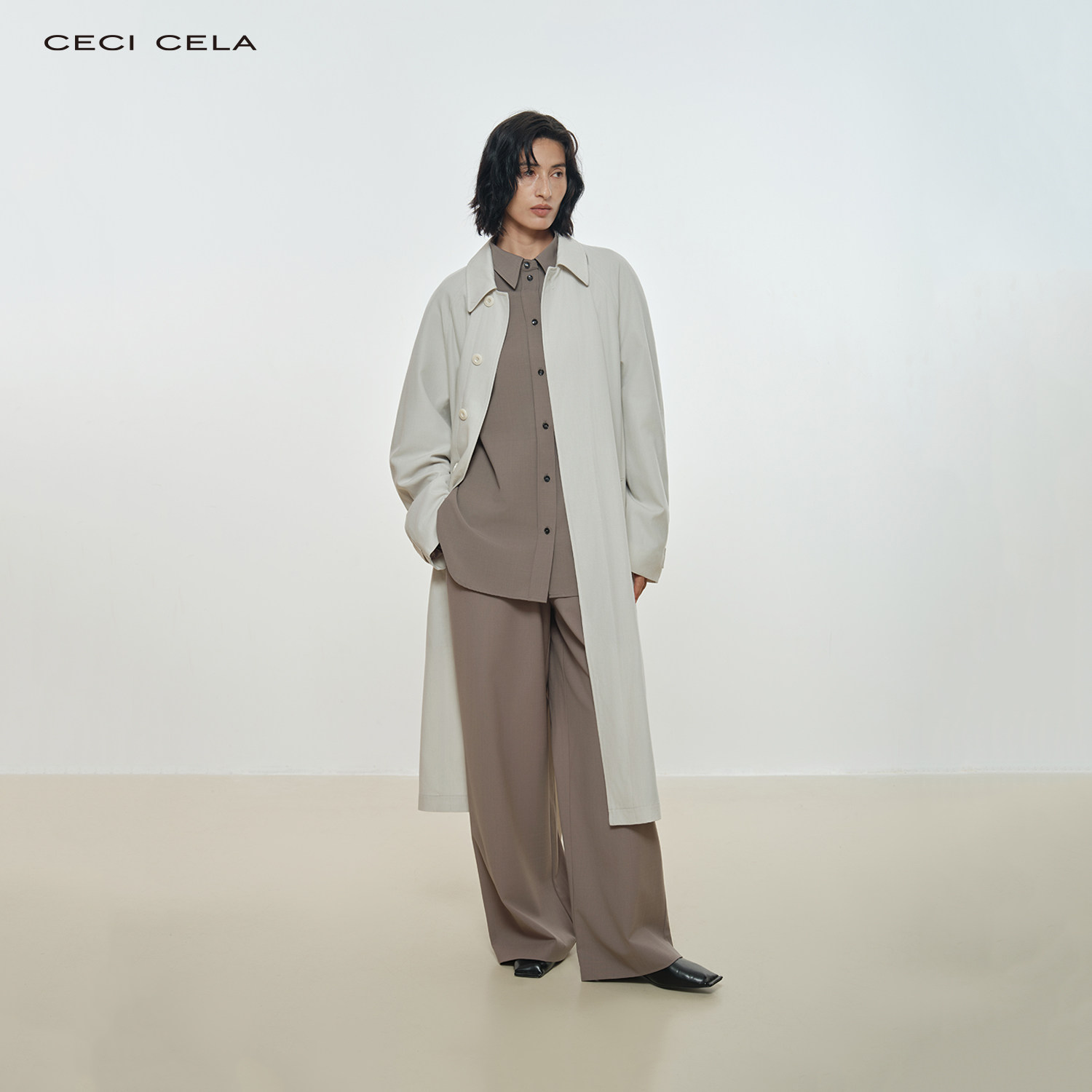 CECI CELA 悬垂有型高含羊毛经典插肩袖侧开叉腰带长风衣