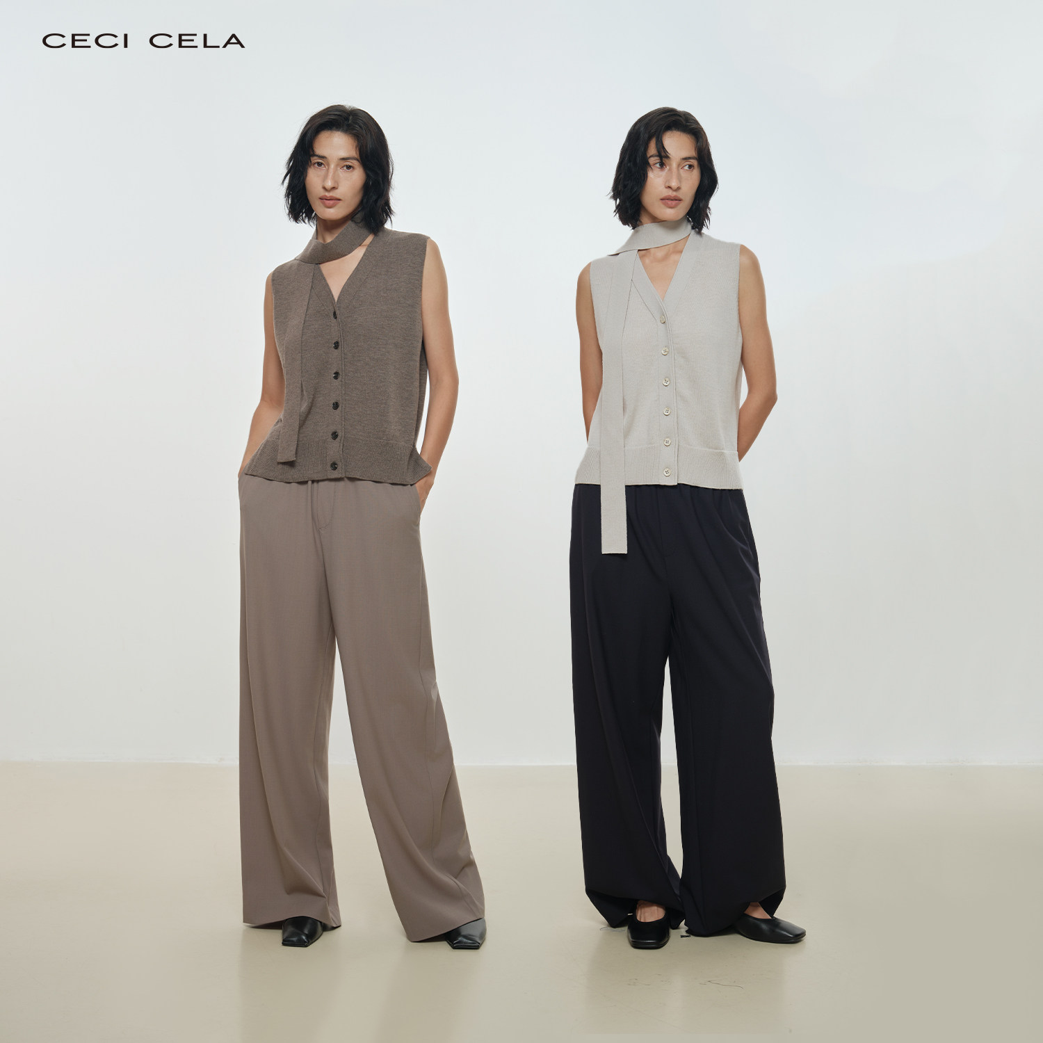CECI CELA 垂感飘带经典V领侧开叉针织开衫马甲/直筒羊毛西裤套装