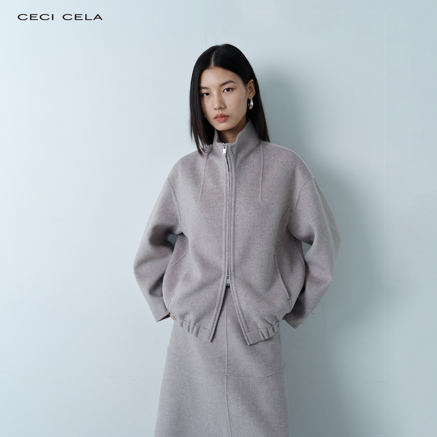 CECICELA 高奢貂毛羊毛毛呢 立体十字明线装饰复古立领短夹克