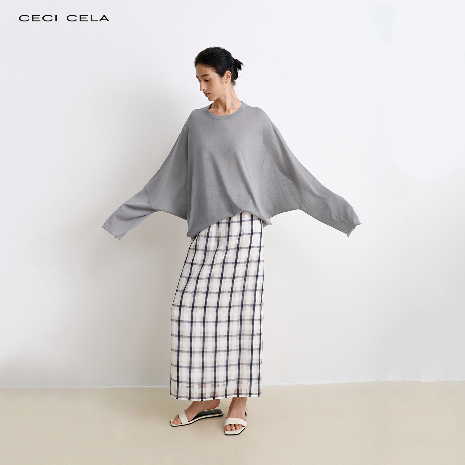 CECI CELA清凉垂顺莱赛尔三醋酸 朦胧氛围感解构蝙蝠袖小雾衫