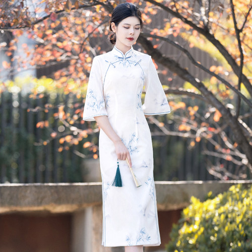 挽苏水墨竹子日常倒大袖旗袍裙女