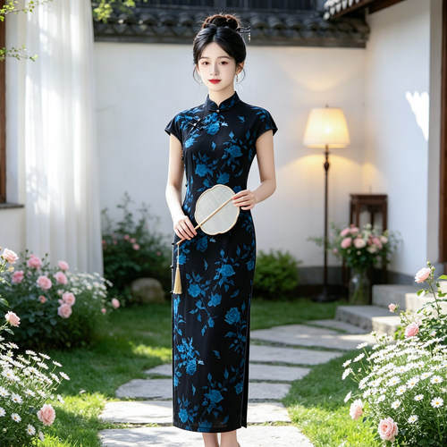 挽苏藏青色复古提花旗袍连衣裙女