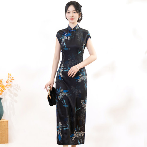 挽苏黑色复古新中式改良旗袍裙女