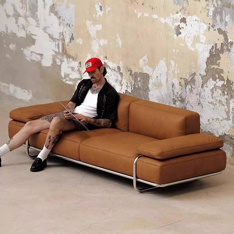 中古极简设计师家用包豪斯皮革沙发意式大小户型直排不锈钢沙发,住宅家具,皮布沙发,淘宝优惠券,粉丝福利购,淘宝优惠卷