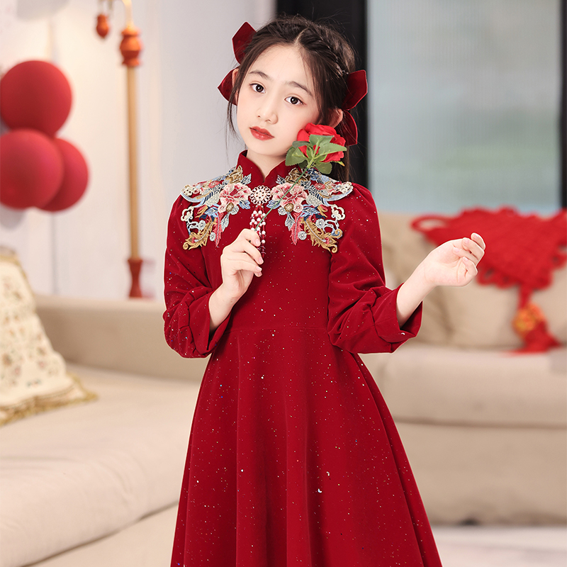 儿童公主裙红色洋l气礼服女童中国风拜年服花童小主持人演出服加