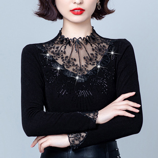 春 秋装 2021年修身 秋衣女薄款 黑色半D高领网纱上衣加绒加厚打底衫