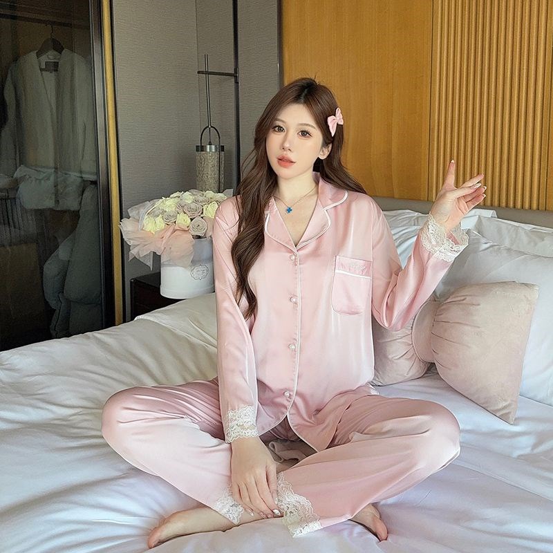 冰雪丝睡衣女春夏季2025新款长袖长裤纯色蕾丝甜美冰W丝家居服套
