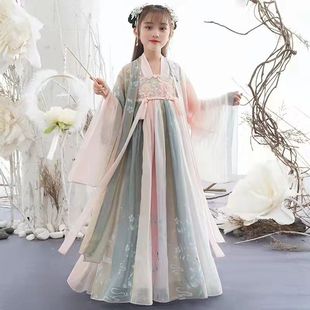 襦裙子春夏裝 兒童唐裝 2023中國(guó)風(fēng)女H童漢服連衣裙仙女裙演出服薄
