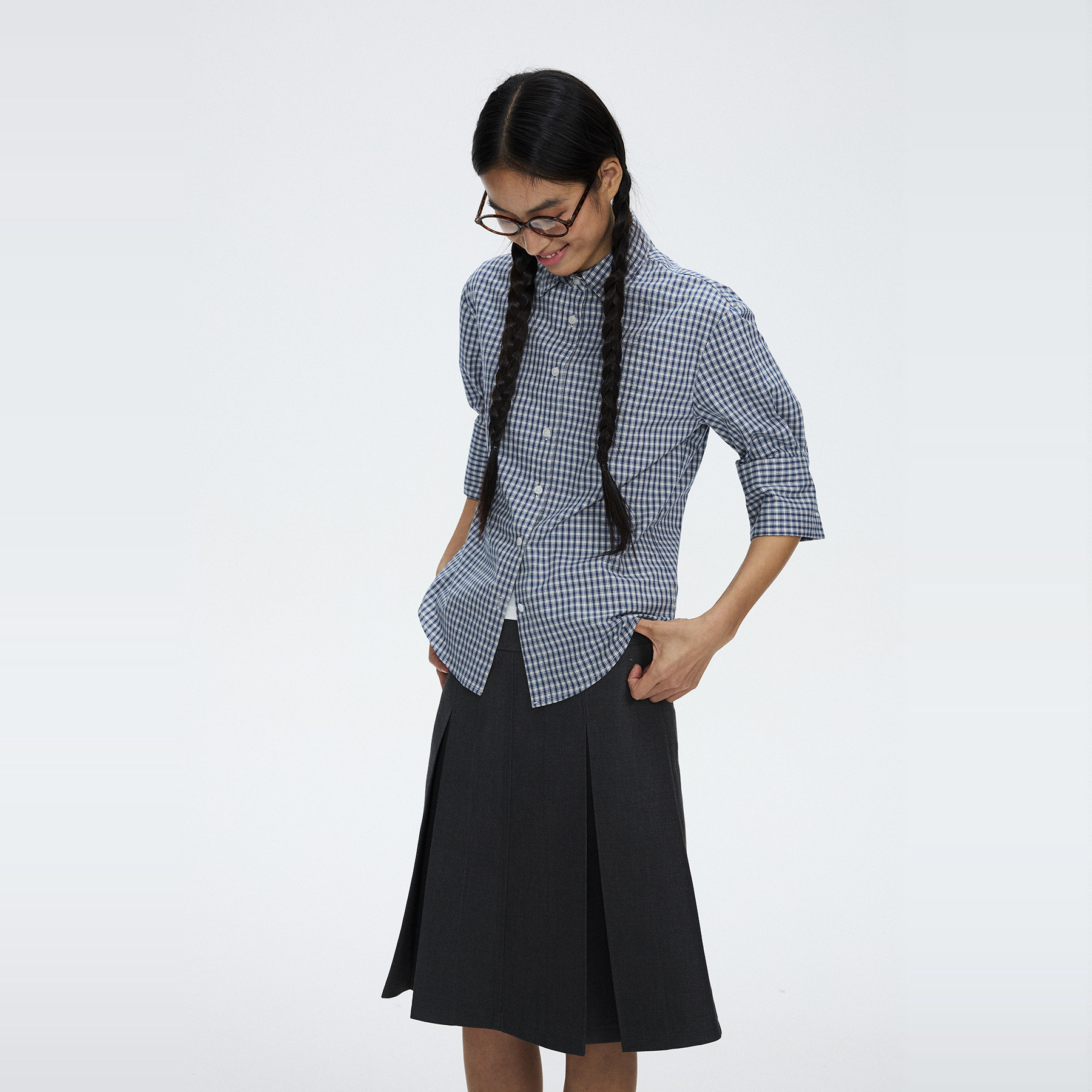27thstreet格子衬衫女宽松蓝白格中袖七分袖棉感衬衣宽松廓形格子