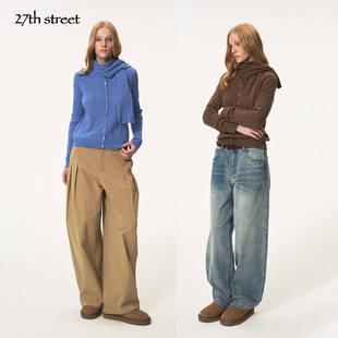 27thstreet 复古100%美丽奴羊毛绞花肌理围巾款针织排扣开衫毛衣