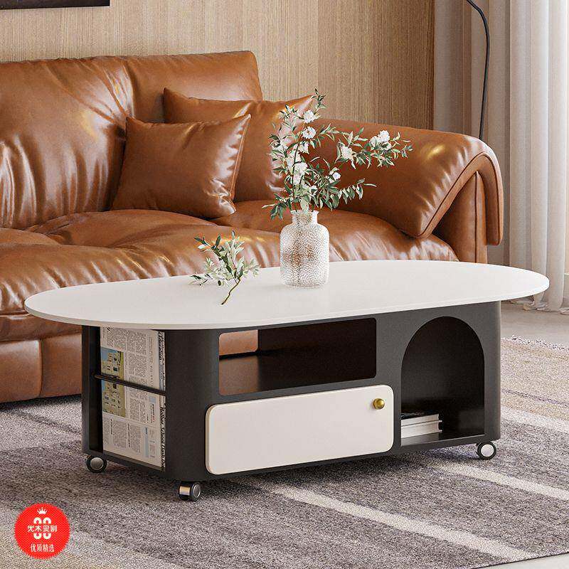 意式岩板茶几轻奢高级椭圆形茶几现代简约家用客厅带轮储物小户型