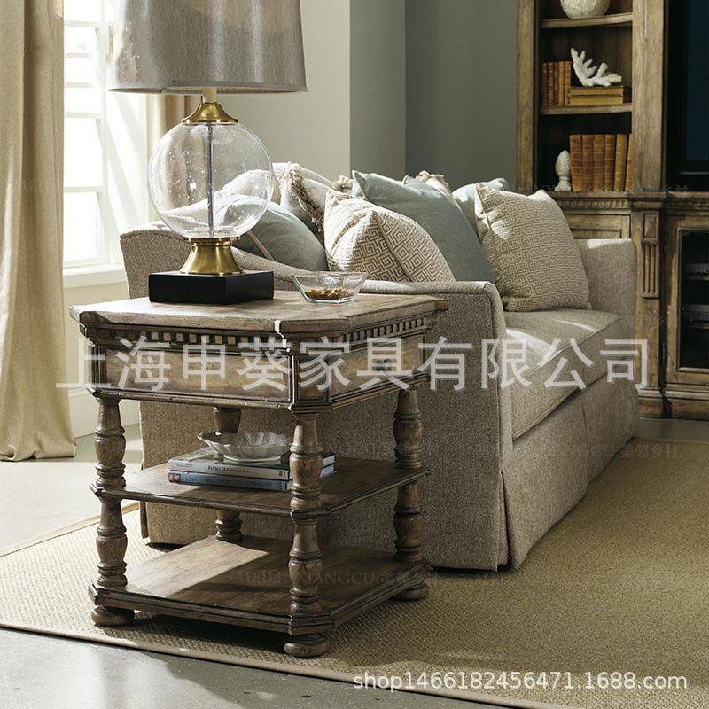 美式乡村复古做旧实木茶几边几储物收纳客厅家用小户型别墅样板房