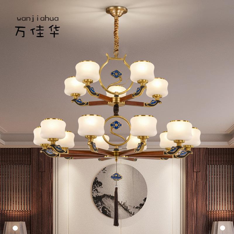 复式楼大吊灯新中式全铜实木中国风别墅挑空跃层楼中楼梯客厅长灯