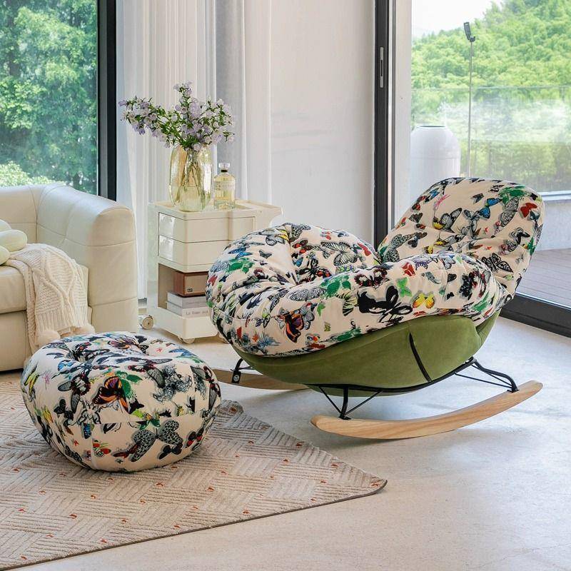 慵懒蝴蝶摇摇椅懒人躺椅沙发椅简约现代单人家用客厅花布休闲椅子