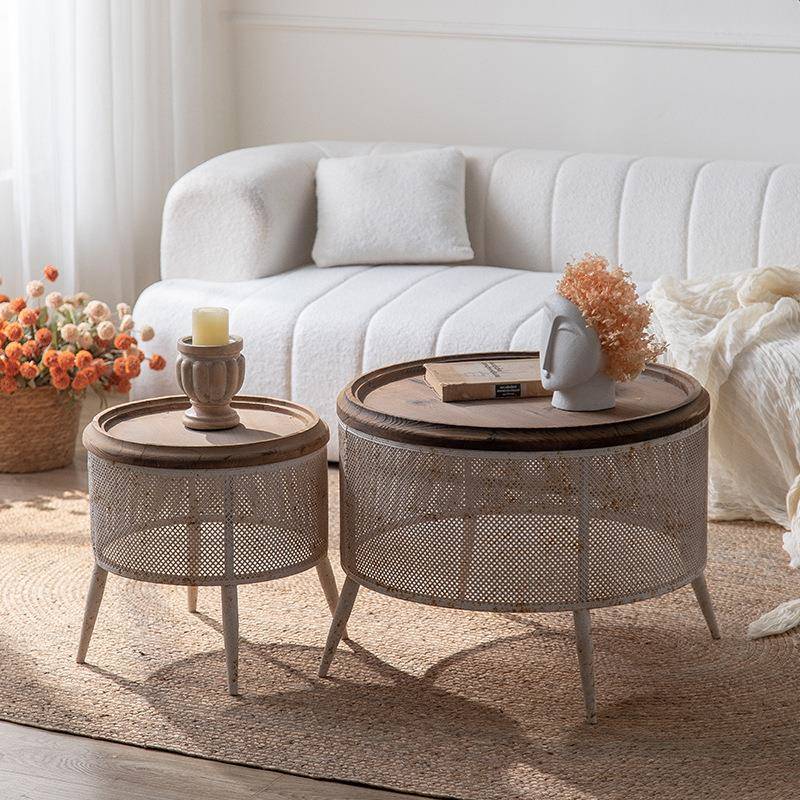 美式乡村复古茶几客厅装饰做旧边几小户型圆形桌子铁艺镂空小茶几