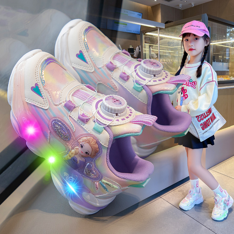 女童爱莎公主运动鞋亮灯秋季皮面