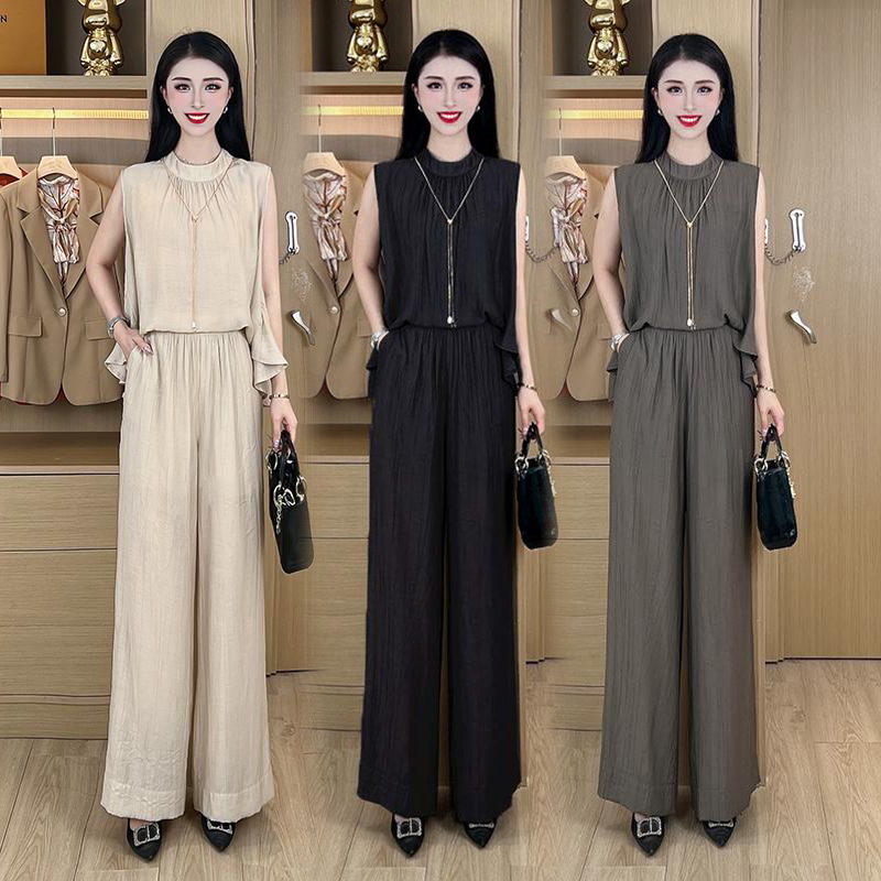 时尚洋气套装女夏季2024新款高级感宽松显瘦无袖上衣阔腿裤两件套