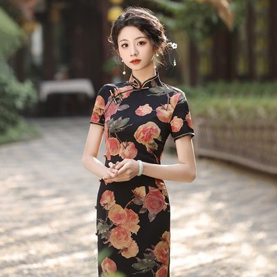 花罗缎旗袍长款短袖复古民u国老上海改良版海派中国风姨太太高端